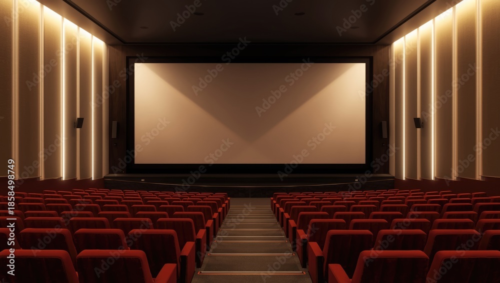 Fototapeta premium Theater interior with vacant projection screen, designed for audience seating and cinematic display