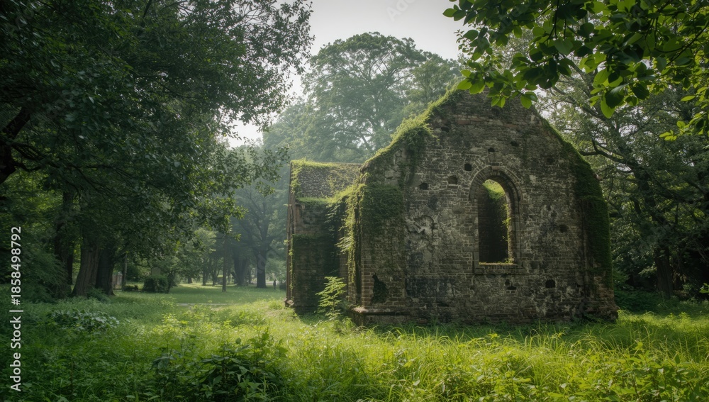 Fototapeta premium Ancient chapel remains within a lush park landscape, heritage conservation