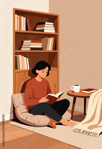 Person reading a book in a cozy room next to a bookshelf