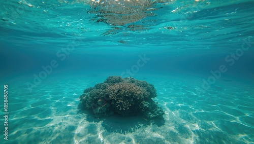 Bright sunlight illuminating a coral reef in calm coastal waters, highlighting natural textures for ocean preservation