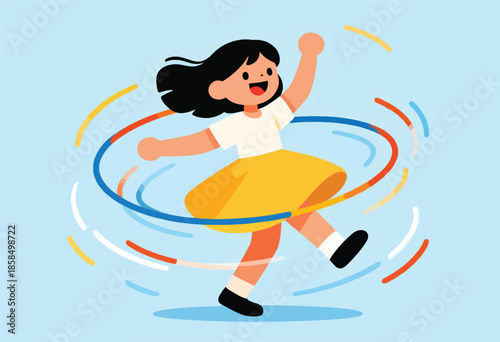 Joyful child in a yellow skirt twirls with a colorful hoop