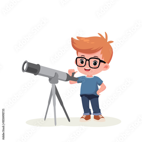 kid boy look at telescope cartoon vector illustration