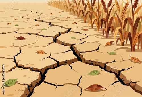 Dry, cracked earth stretches toward a field of wilting grain stalks