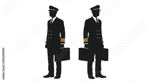  Two Silhouettes of Pilots in Uniform Holding Briefcases on Transparent Background