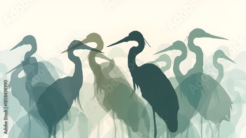a stork, with overlapping silhouettes of storks in various analogous colors,