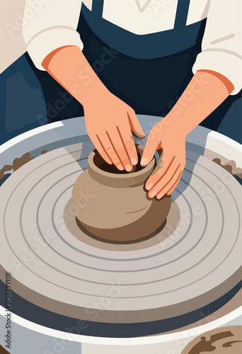 Hands shaping clay on a spinning wheel, creating a pot