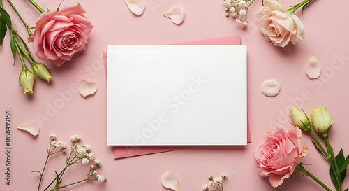 Pink roses and a blank card on a softly colored background