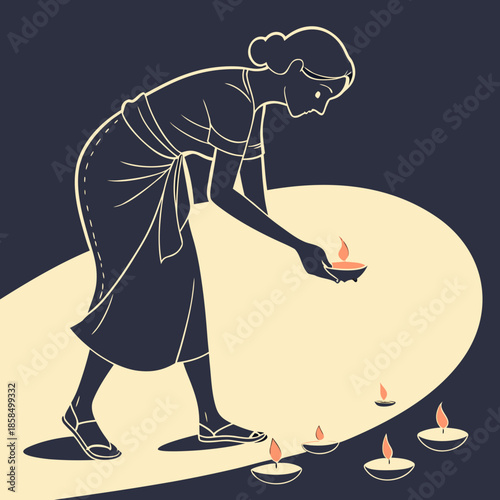 Minimalist Vector Illustration of Woman Lighting Diwali Diya Lamps in Melancholic Mood