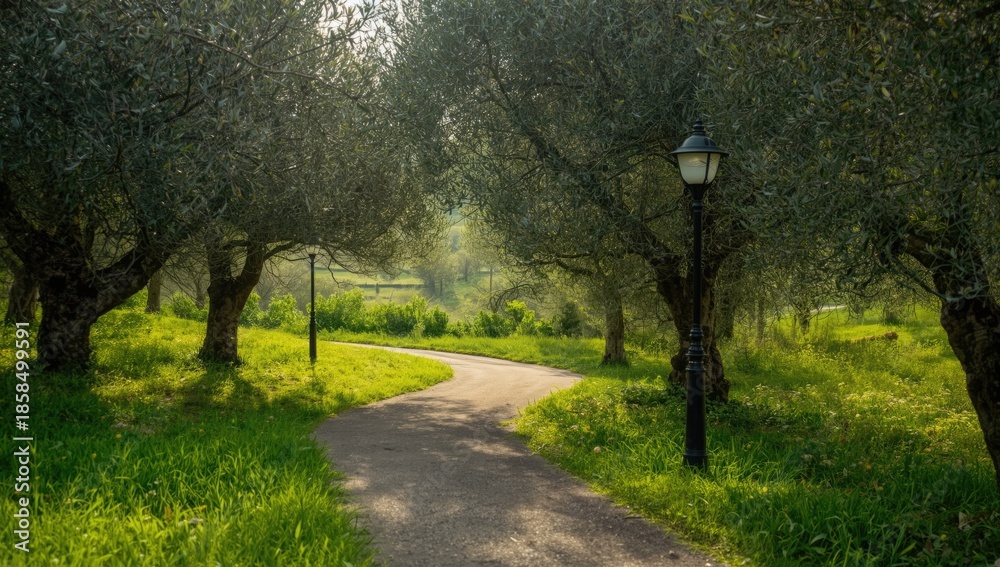 Fototapeta premium Olive grove trail with lush grass and a light pole, designed for peaceful retreat imagery