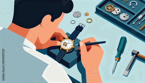 Person carefully assembling a timepiece with tools and components