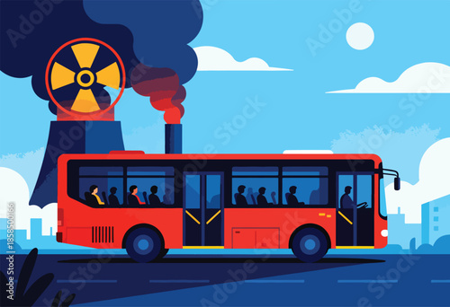 Red bus with passengers drives past industrial pollution under a clear sky