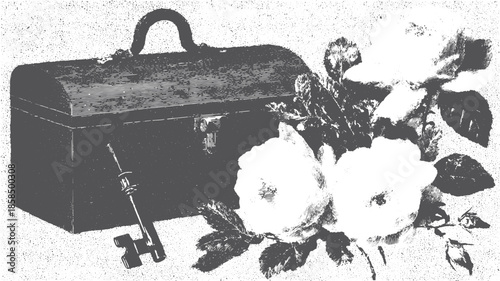 Vintage toolbox with a key and roses. Black and white floral vector illustration showcasing classic design elements in a detailed set.