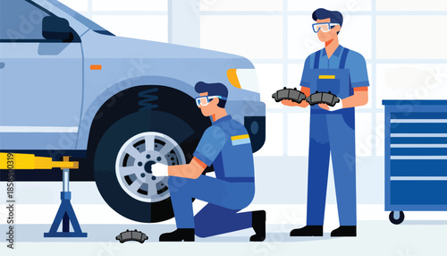 Mechanics work on a lifted vehicle, replacing brake pads