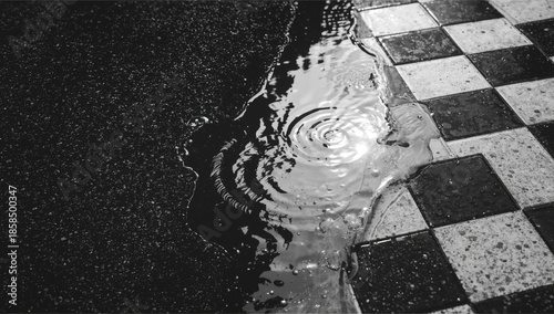 Rainwater accumulation on pedestrian pavement, erosion hazard in city scenes
