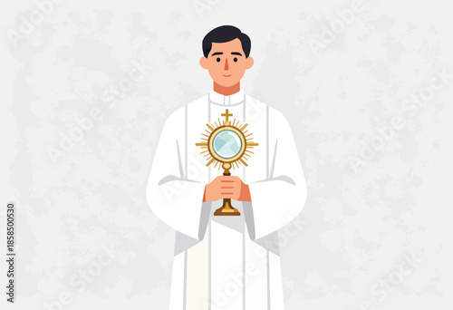 Male religious figure in white vestments holds a golden monstrance with a cross