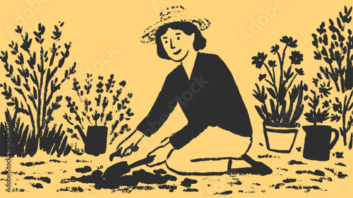 Gardening scene featuring a gardener planting in soil. Simple black and white vector illustration of floral elements in a natural outdoor setting.