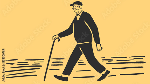 Man walking with a cane in a vintage silhouette style. Simple black and yellow vector illustration depicting a senior male character in a set.