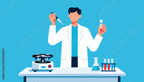 Scientist conducts experiment with pipette and test tube on blue background
