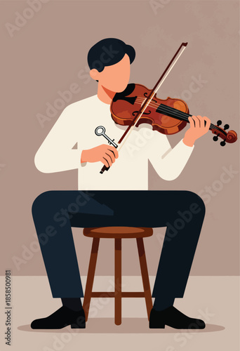 Man sits on stool, playing a violin with a bow
