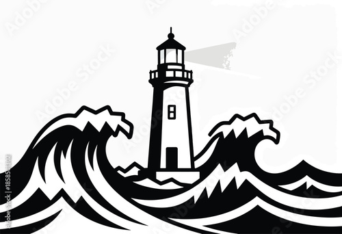 Towering lighthouse braves crashing waves and a storm