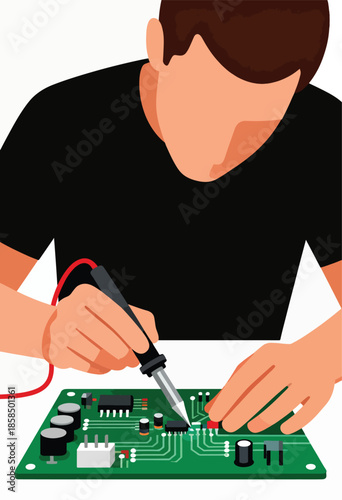 Person soldering a circuit board with a soldering iron and components