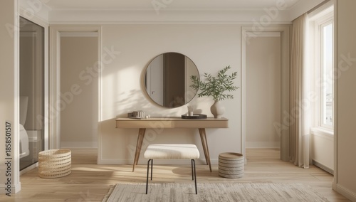Contemporary apartment bedroom featuring a sleek vanity and circular mirror, suitable for interior decor presentations