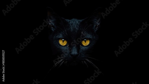 Dark scene featuring a black cats eyes glowing yellow, highlighting night-time sensory adaptation