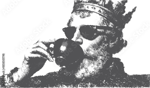 King with a crown and sunglasses, holding a cup. Vintage monochrome vector illustration featuring a classic portrait style.