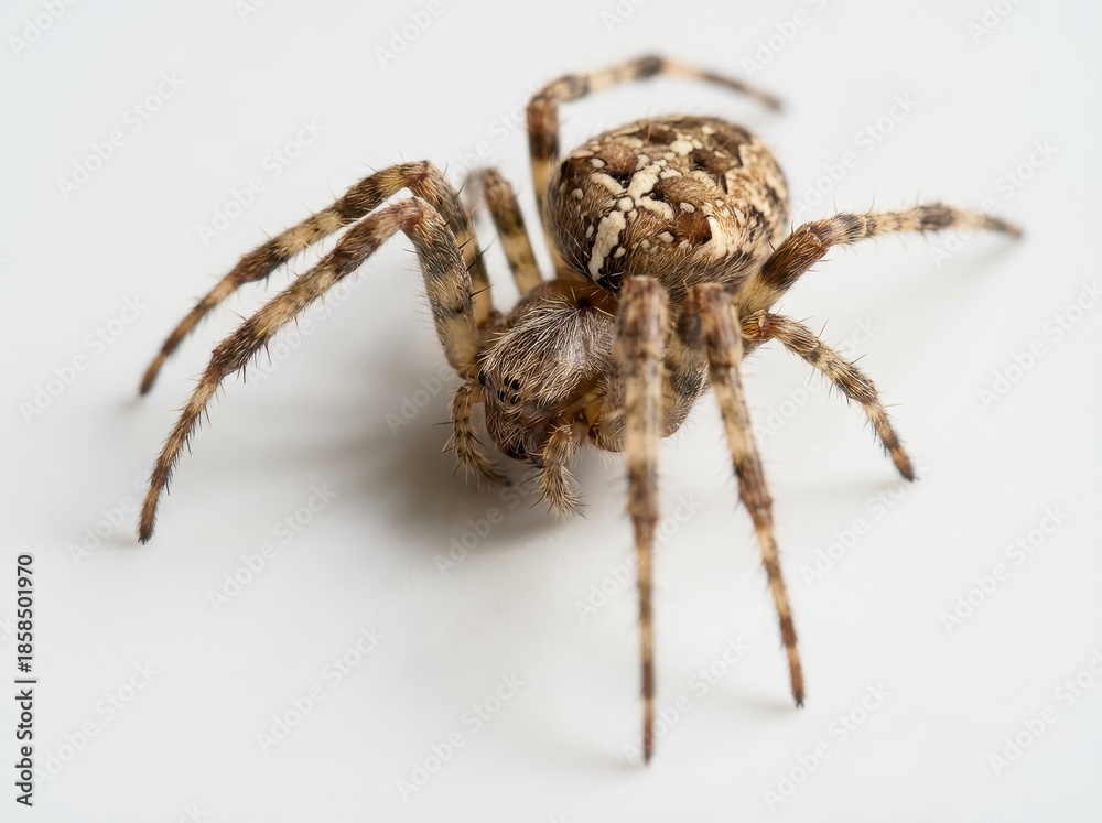 Obraz premium A detailed macro photograph highlights the brown and beige patterning of a european garden spider standing still, isolated on a bright white background.