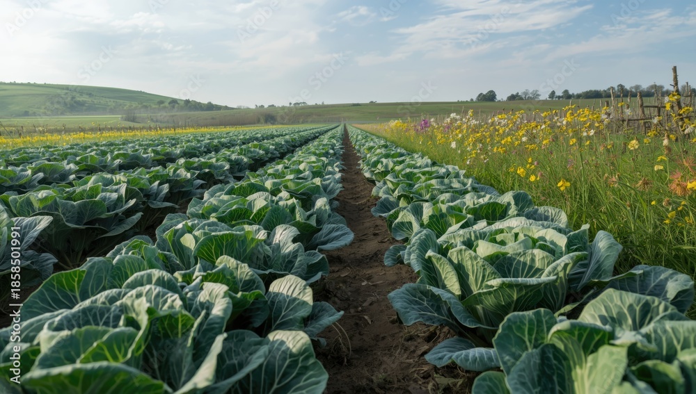 Fototapeta premium Lush cabbage and chili crops in a vegetable farm, highlighting seasonal harvest
