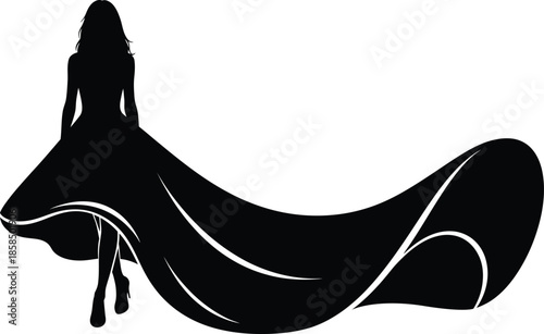 Elegant silhouette of a woman wearing a long flowing evening gown walking gracefully on white background. Vector illustration