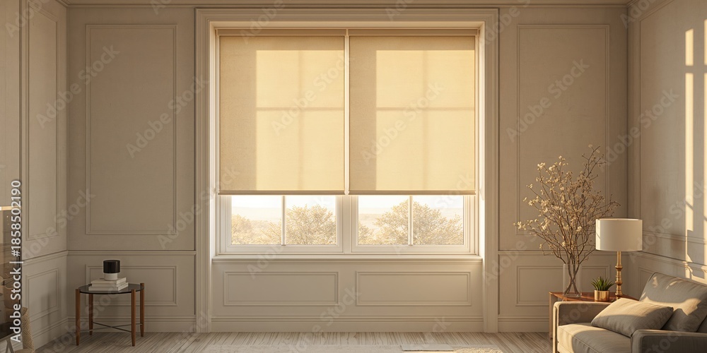 Fototapeta premium Window with roller blinds, interior decor element for privacy, daytime lighting