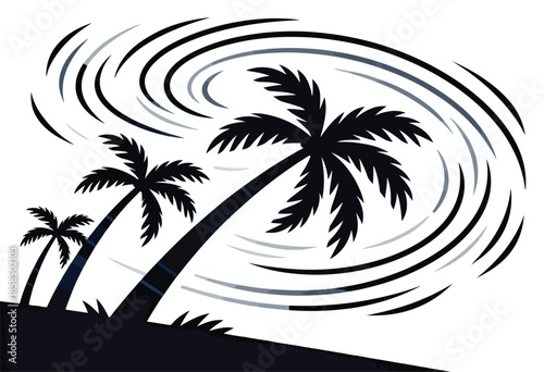Three palm trees on a dark shore with swirling lines suggesting wind