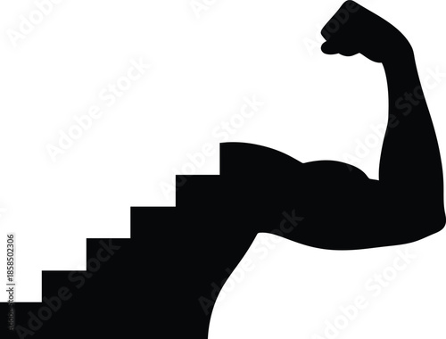 Strong muscular arm flexing bicep combined with staircase steps representing career growth success and personal development power. Vector illustration