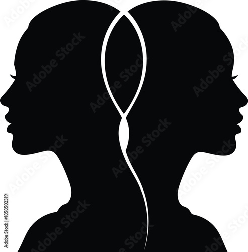 Silhouette of two female heads facing opposite directions representing duality, psychology, twins, and split personality concept. Vector illustration