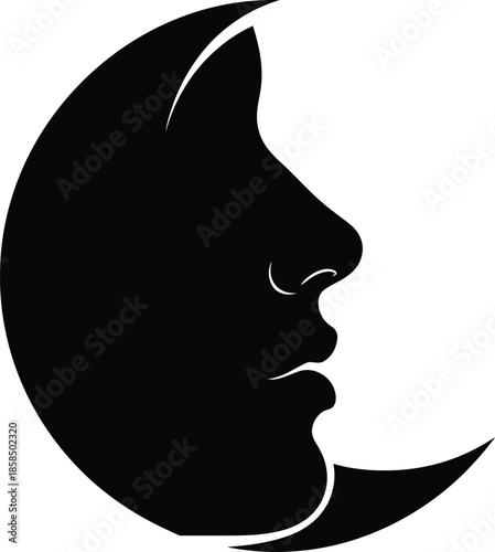 Minimalist black silhouette of a crescent moon with a human face profile isolated on white background for celestial design. Vector illustration