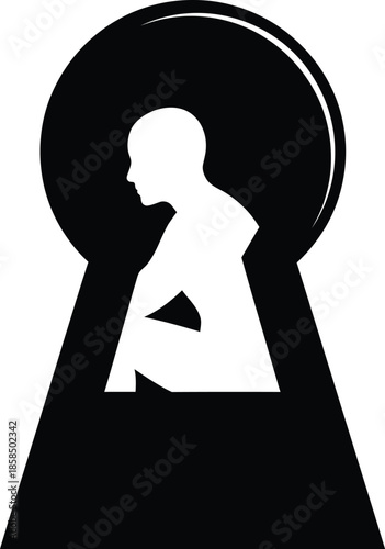 Silhouette of a lonely person sitting inside a keyhole representing depression, isolation, mental health, and private emotional struggles. Vector illustration