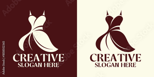 Elegant evening gown dress logo template for fashion boutique bridal shop or tailor business with creative slogan. Vector illustration