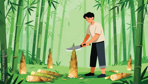 Person harvesting bamboo shoots in a dense bamboo forest
