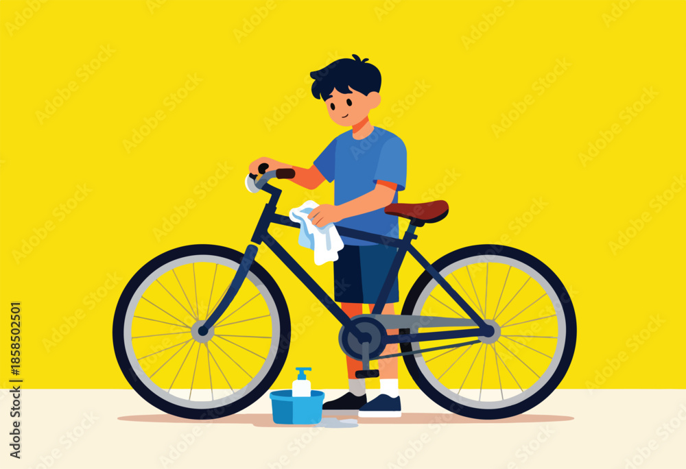 Obraz premium A child cleans a bicycle with a cloth, soap, and bucket