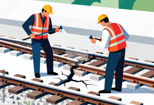 Workers inspect damaged railway tracks with cracks in snow