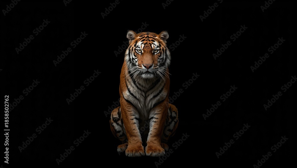 Fototapeta premium Large tiger facing forward on black backdrop, highlighting predator awareness and presence, Earth Day