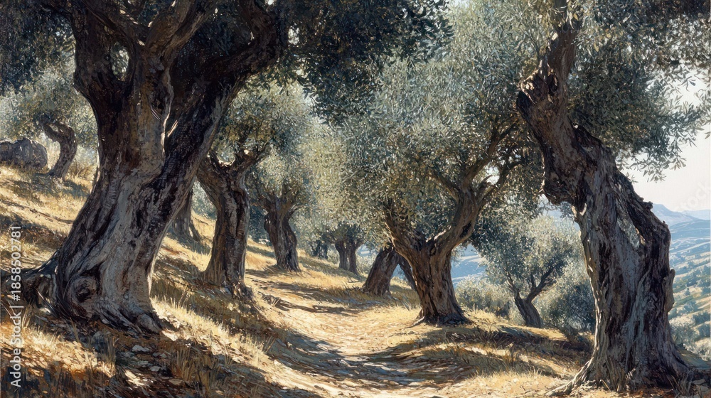 Obraz premium An ancient, gnarled olive grove on a hillside in Greece, the silvery leaves of the trees shimmering in the hot summer sun, rustic and timeless landscape.