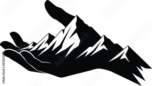 Minimalist black silhouette of human hand holding rugged mountain range peak symbol for nature conservation. Vector illustration