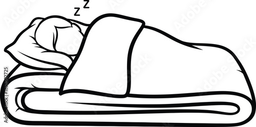 Simple line art illustration of a person sleeping peacefully in bed under a warm blanket with snoring symbols. Vector illustration