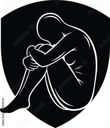 Depressed person silhouette sitting in fetal position inside a protective shield emblem representing mental health awareness and emotional vulnerability. Vector illustration