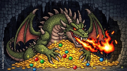 Green dragon sitting on treasure hoard.