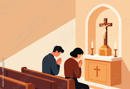 Two people praying in a church before a crucifix and altar
