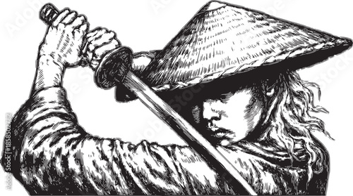 Samurai figure wielding a sword, showcasing martial arts culture. Detailed vector illustration in black and white with a dramatic stance.