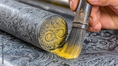 Medium shot capturing the cleaning of gravure printing cylinders highlighting the delicate brushwork that clears intricate ink patterns from etched surfaces.